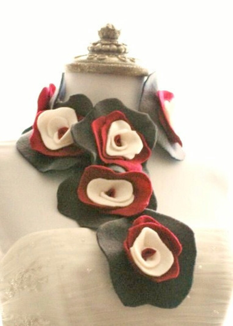 Grey Red Ivory Scarflette. Edgy Collar Feminine Ruffle Rose Rosette, Garden Chic Party, Ruby Gray Beige Charcoal, Floral Youthful Preppy Fun image 1