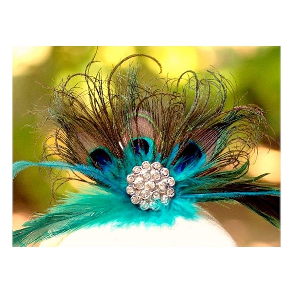 Statement Teal & Peacock Fan Fascinator COMB. Couture Bride Bridal Bridesmaid, Sophisticated Wedding Birthday Gift, Coque Iridescent Feather