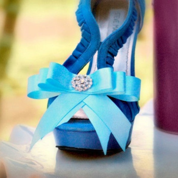 Aqua Blue & Sparkly Bow Shoe Clips. Wedding Photo Prop, Burlesque Boudoir, Couture Custom Made Colors White Tangerine Ivory Yellow Teal Pink