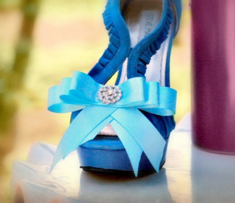 Aqua Blue & Sparkly Bow Shoe Clips. Wedding Photo Prop, Burlesque Boudoir, Couture Custom Made Colors White Tangerine Ivory Yellow Teal Pink image 1