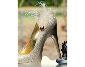 Golden Ivory Peacock Shoe Clips. Special Stylish Feminine Couture Statement, Stunning Burlesque Boudoir Bride Bridal Bridesmaid Gold Neutral