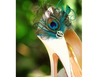 Wedding Shoe Clips Peacock Feather. Bride Bridal Birthday Party Big Day. Luxe Sophisticated Couture Boudoir, Turquoise Emerald Green Teal 3D