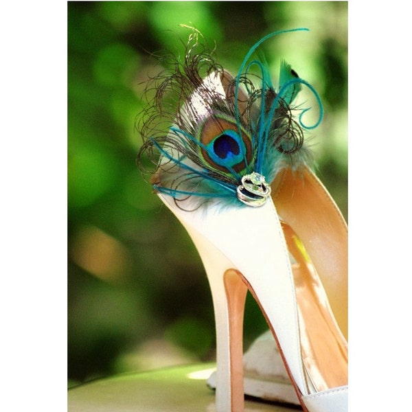 Wedding Shoe Clips Peacock Feather. Bride Bridal Birthday Party Big Day. Luxe Sophisticated Couture Boudoir, Turquoise Emerald Green Teal 3D