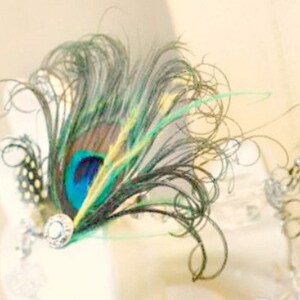 Hair Clip or Comb Peacock, Ostrich & Guinea Feather. Bride Bridal Bridesmaid Party Gift, Chic Couture Spring, Silver Rhinestone Gem or Pearl image 3