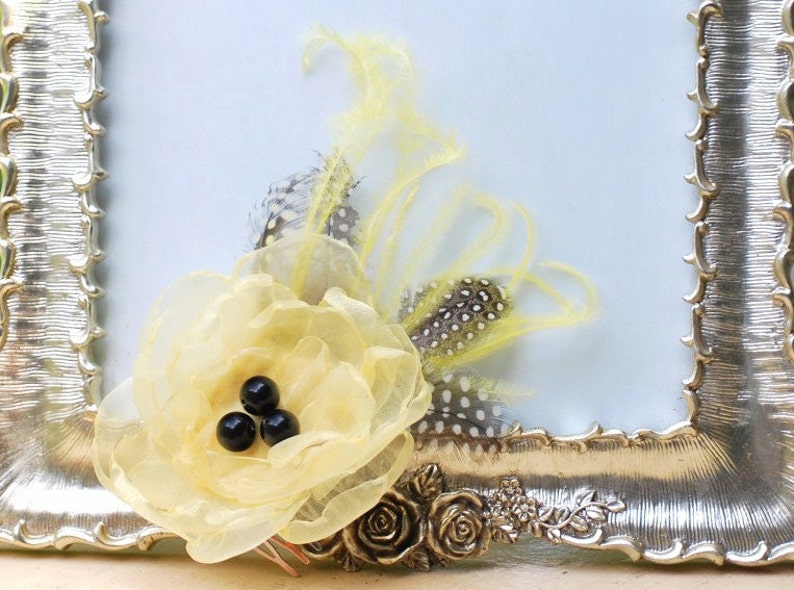 Yellow Flower Fascinator Comb, Clip, Brooch Pin. Handmade Spring Floral Fashion, Gossip Girl Mother Day Quinceanera, Couture Bride Statement image 3