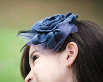 Frippery Gray Flower Hair Clip Fascinator or Headband by Sofisticata. Couture Elegant Tween Front Page, Fabric Feathers Tulle Preppy Holiday