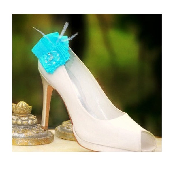 Something Blue Shoe Clips. Style vintage Etsy, Boucles Aqua Bow Ruffle, Accessoire Turquoise Aquamarine, Bride Bridal Bridesmaid Feathers Beads