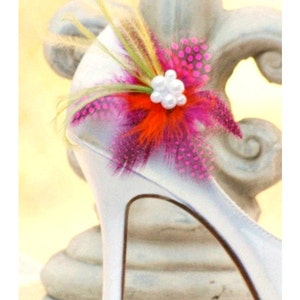 Shoe Clips Fuschia Guinea Feathers. Spring Wedding Flowers White / Ivory Pearls. Big Day Bride Bridal Bridesmaid Pins, Edgy Cheerful Bright image 1