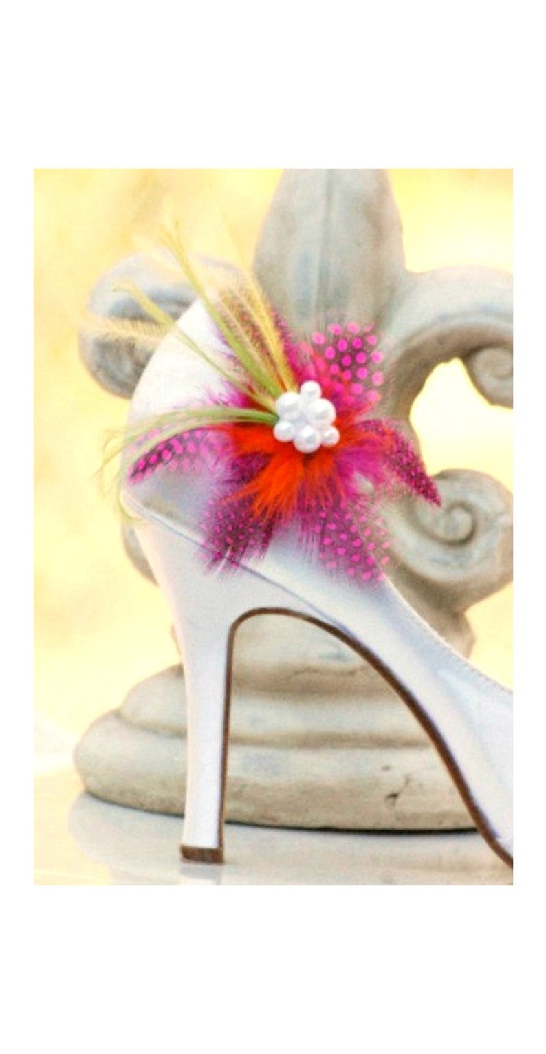 Shoe Clips Fuschia Guinea Feathers. Spring Wedding Flowers White / Ivory Pearls. Big Day Bride Bridal Bridesmaid Pins, Edgy Cheerful Bright image 1