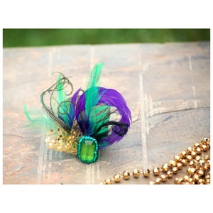 Wedding Shoe Clips. Mardi Gras Golden Gold Purple & Green Feathers. Bride Bridal Bridesmaid. Gift Clip. Emerald Glass Beads. Masquerade Date image 6