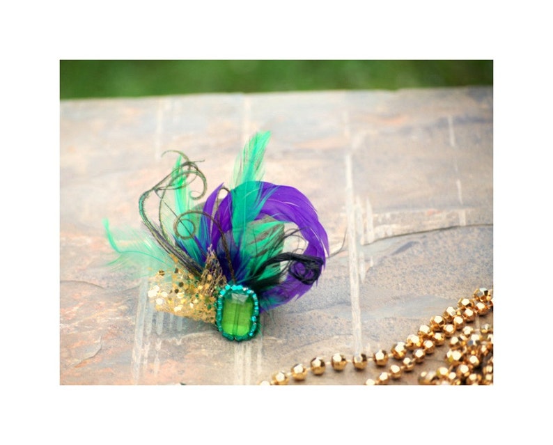 Wedding Shoe Clips. Mardi Gras Golden Gold Purple & Green Feathers. Bride Bridal Bridesmaid. Gift Clip. Emerald Glass Beads. Masquerade Date image 6