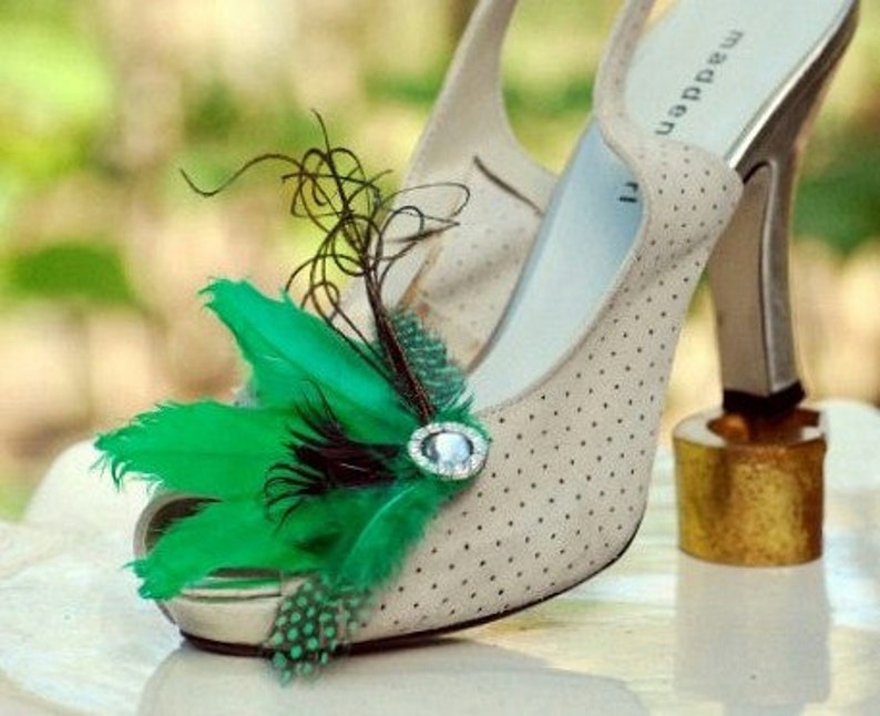 Shoe Clips Kelly Green Black Wedding. Mixed Feathers Shoe Clip. Wedding Bridal Bride Bridesmaid Gift, Saint St Patrick Patty Lucky Big Day image 1