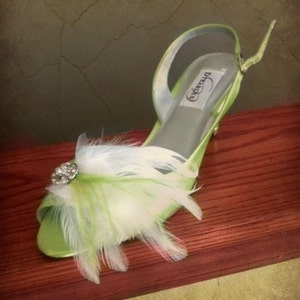 Shoe Clips Lime Green & Ivory / White / Black Feathers Rhinestone. Bride Bridal Bridesmaid MOH, Lush Chic Edgy Birthday, Statement Feminine image 3