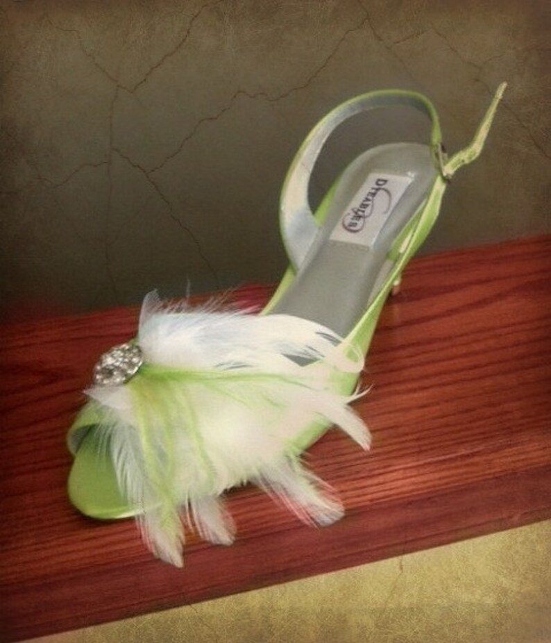 Shoe Clips Lime Green & Ivory / White / Black Feathers Rhinestone. Bride Bridal Bridesmaid MOH, Lush Chic Edgy Birthday, Statement Feminine image 3