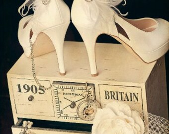 Shoe Clips White, Ivory, Teal, Black Feather & Rhinestone. Engagement Bride Bridal Bridesmaid, Statement Boudoir Burlesque, Lush Crystal Pin