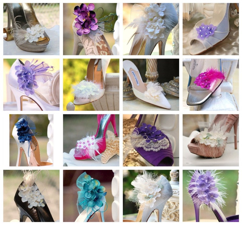 Shoe Clips Lavender Hydrangeas & Feathers. Stylish Elegant Garden Tea Party, also blue ivory apple green pink teal, Pearl / Rhinestone gem image 4