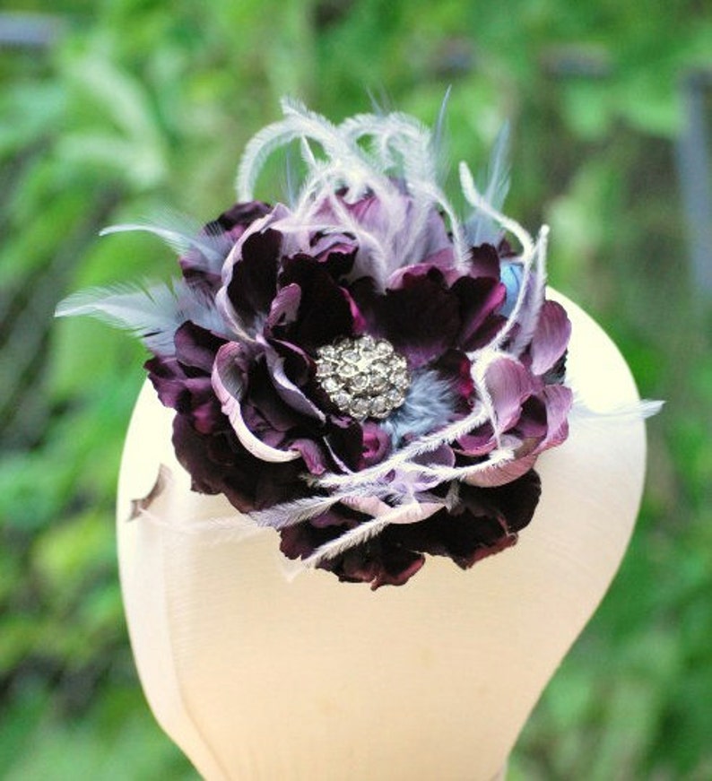 Hair Clip, Comb, Barrette Aubergine Eggplant Purple, Red, Amethyst Flower. Fascinator Bride Bridal Bridesmaid, Rhinestone Crystals Pearls image 3