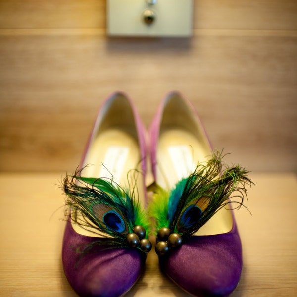 Shoe Clips Peacock & Turquoise Lime Green Rooster Feathers. Plume Paon Pfau Pavoreal, Metallics Bronze Teal Purple Couture, Bridesmaid Bride