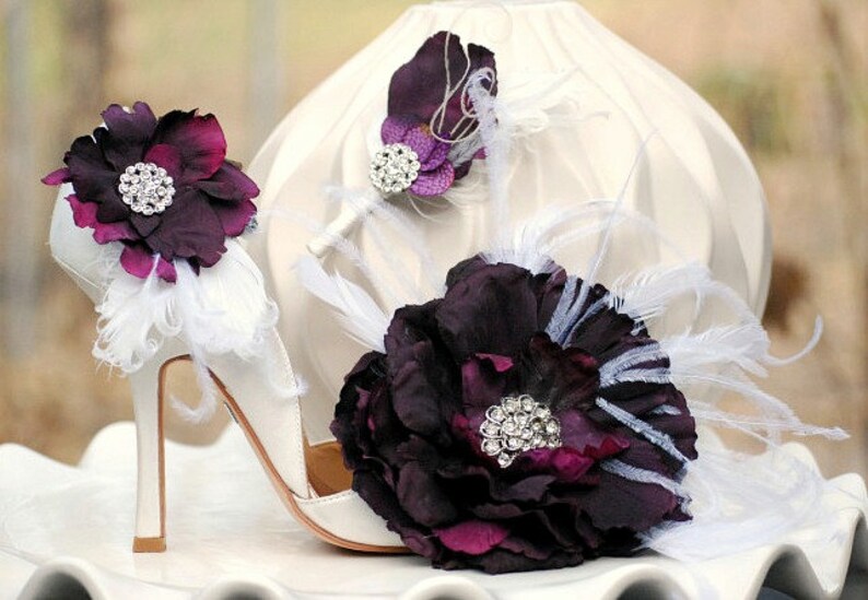 Shoe Clips Aubergine Flower Ivory Feathers. Rhinestone / Etsy