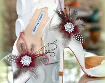 Marsala Burgundy Shoe Clips. Statement Sparkle Silver Rhinestone, Novelty Couture Bridal Bride Bridesmaid Gift, Gossip Girl Award, Plum Wine