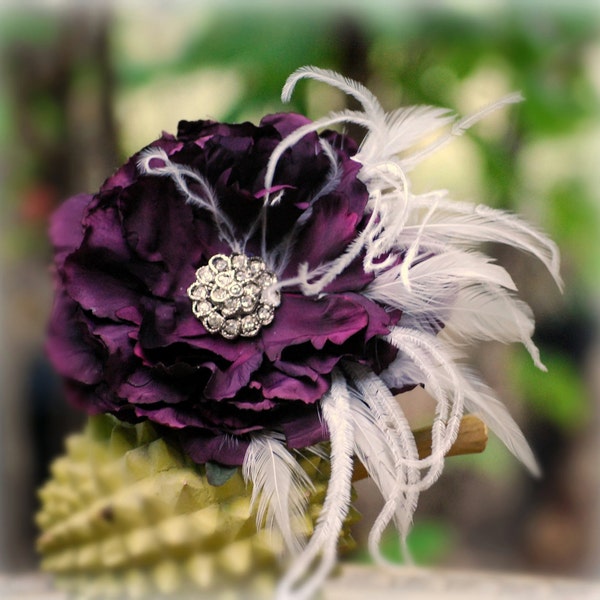 Hair Clip, Comb, Barrette Aubergine - Eggplant Purple, Red, Amethyst Flower. Fascinator Bride Bridal Bridesmaid, Rhinestone Crystals Pearls