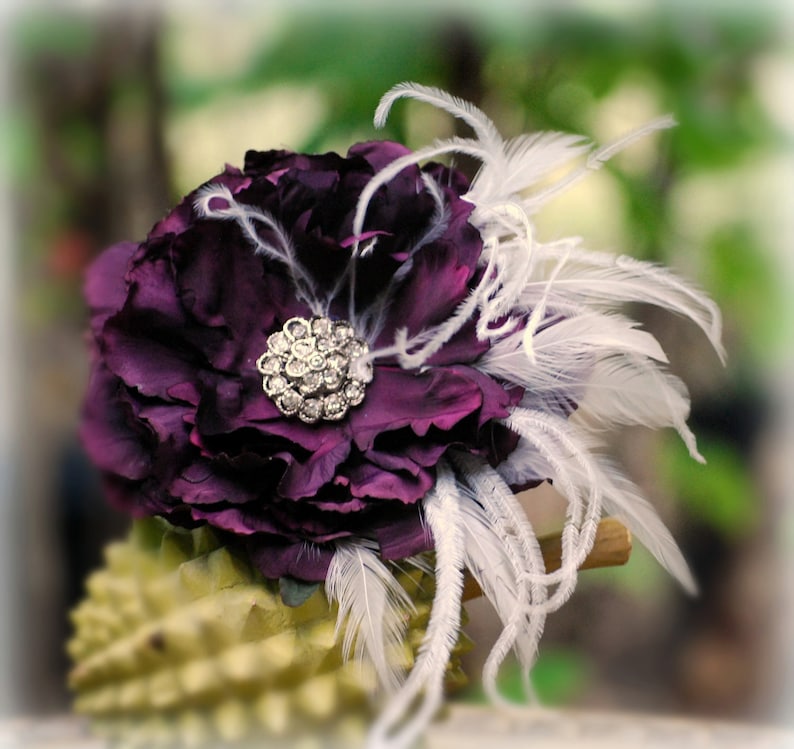 Hair Clip, Comb, Barrette Aubergine Eggplant Purple, Red, Amethyst Flower. Fascinator Bride Bridal Bridesmaid, Rhinestone Crystals Pearls image 1