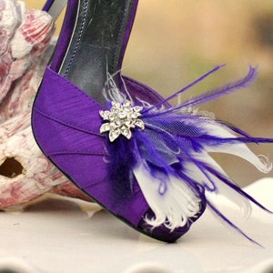 Wedding Shoe Clips Ivory & Royal Purple Feathers Rhinestone. Bride Bridal Bridesmaid, Couture Statement. Boudoir Burlesque. Sparkly Crystals image 4