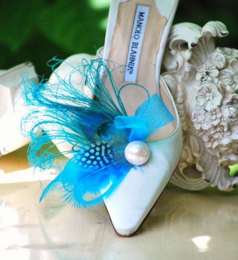 Something Blue Shoe Clips Turquoise Peacock Feather Ivory Etsy