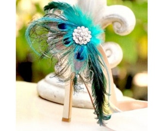 Shoe Clips Peacock Fan & Iridescent Teal. Couture Bride Bridal Bridesmaid MOH Gift, Feminine Wedding 2015 Statement Luxury Engagement Party