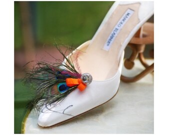 Shoe Clips Double Peacock Feathers & Tangerine Bow. Bride Bridesmaid Maid Honor MOH, Big Day Party Gift, Statement Eggplant Purple Plum Clip