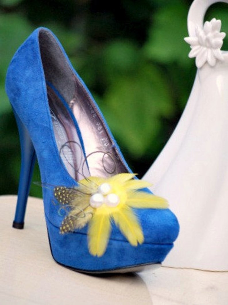 Wedding Shoe Clips. Yellow Flower & Guinea Feather Pearls. Etsy