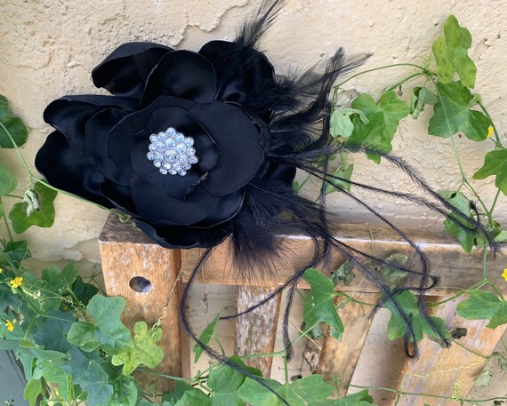 Black Flower Fascinator Comb Clip Brooch Handmade