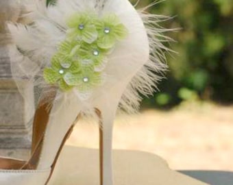 Shoe Clips Lime Green & Ivory Hydrangeas. Couture Bridesmaid Bride. More Lavender Celadon Pink Fuchsia Burnt Orange. Feathers Tulle Pearls