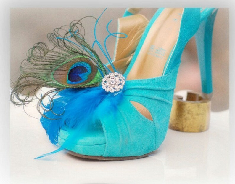 Shoe Clips Peacock & Turquoise Feathers. Couture Bride Bridal Etsy