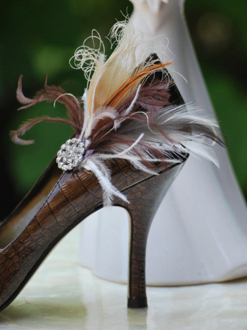 Shoe Clips Ivory Peacock Brown Feathers & Rhinestone Pin. Etsy 日本