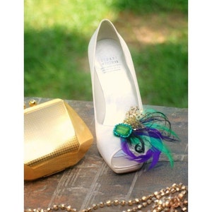 Wedding Shoe Clips. Mardi Gras Golden Gold Purple & Green Feathers. Bride Bridal Bridesmaid. Gift Clip. Emerald Glass Beads. Masquerade Date image 3