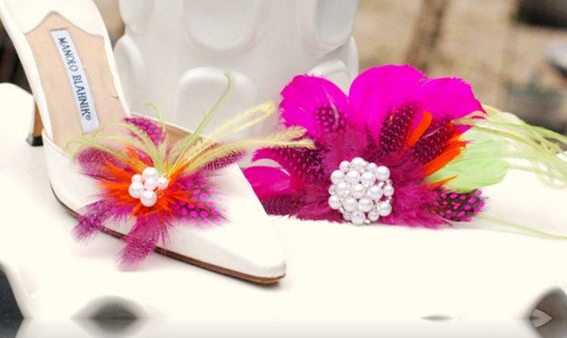 Shoe Clips Fuschia Guinea Feathers. Spring Wedding Flowers White / Ivory Pearls. Big Day Bride Bridal Bridesmaid Pins, Edgy Cheerful Bright image 4