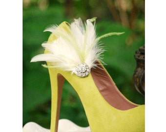 Shoe Clips Lime Green & Ivory / White / Black Feathers Rhinestone. Bride Bridal Bridesmaid, Lush Chic Edgy, Spring Birthday, Sassy Statement