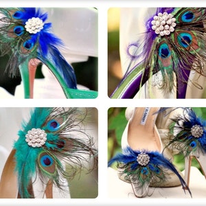 Shoe Clips Royal Cobalt Blue Peacock Fan. Bride Bridal Bridesmaid MOH Birthday Gift, Large Rhinestone, Spring Statement Fashion Couture Teal image 4