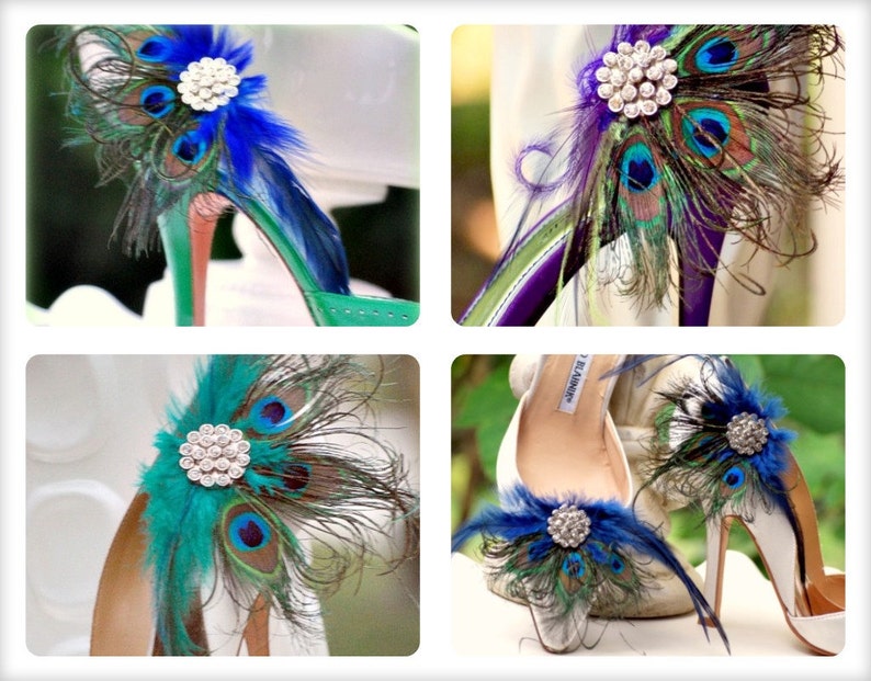 Shoe Clips Royal Cobalt Blue Peacock Fan. Bride Bridal Bridesmaid MOH Birthday Gift, Large Rhinestone, Spring Statement Fashion Couture Teal image 4