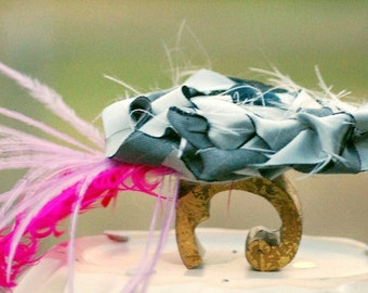Siver Satin Braid Flower Fuschia / Hot Pink Feathers Fascinator Clip, Comb, Pin. Handmade Bride Bridal Gift, Black Bead Metallic Sleek Gray