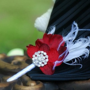 Wedding Boutonniere Pin Red & Black / Aubergine Purple / Amethyst Rhinestone Crystal or White / Ivory Pearls. Manly Groom Groomsmen Bridal image 2