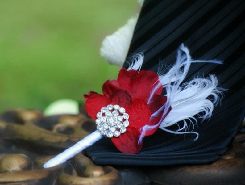 Wedding Boutonniere Pin Red & Black / Aubergine Purple / Amethyst Rhinestone Crystal or White / Ivory Pearls. Manly Groom Groomsmen Bridal image 2