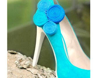 2 Electric Neon Blues Shoe Clips. Handmade Swirls, Spring Pantone Fashion, Bridal Bride Bridesmaid Gift, Whimsical Playful Fun Felt Heel Art