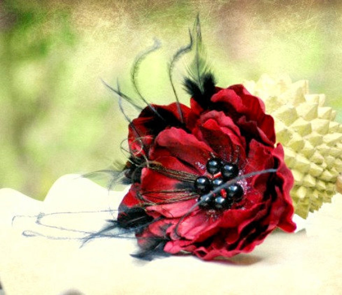 PIN Hair Clip Comb Red White Feathered Flower Rhinestone. Etsy