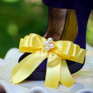 Shoe Clips Bow Yellow / Tangerine Orange / Blue / Purple. White or Ivory Pearls / Rhinestone. Fashion Night Out Couture Bright Satin Ribbon
