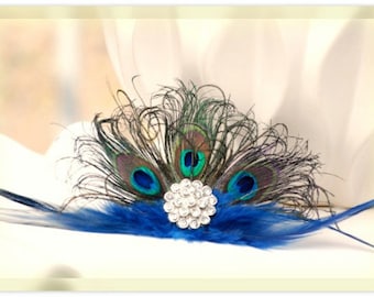 Mini Peacock Fan Fascinator Hair Comb OR Pin. Statement Couture Bride Bridal Bridesmaid Gift Idea, Spring Sophisticated Feathers Navy Green