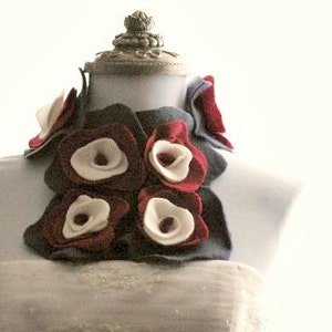 Grey Red Ivory Scarflette. Edgy Collar Feminine Ruffle Rose Rosette, Garden Chic Party, Ruby Gray Beige Charcoal, Floral Youthful Preppy Fun image 2