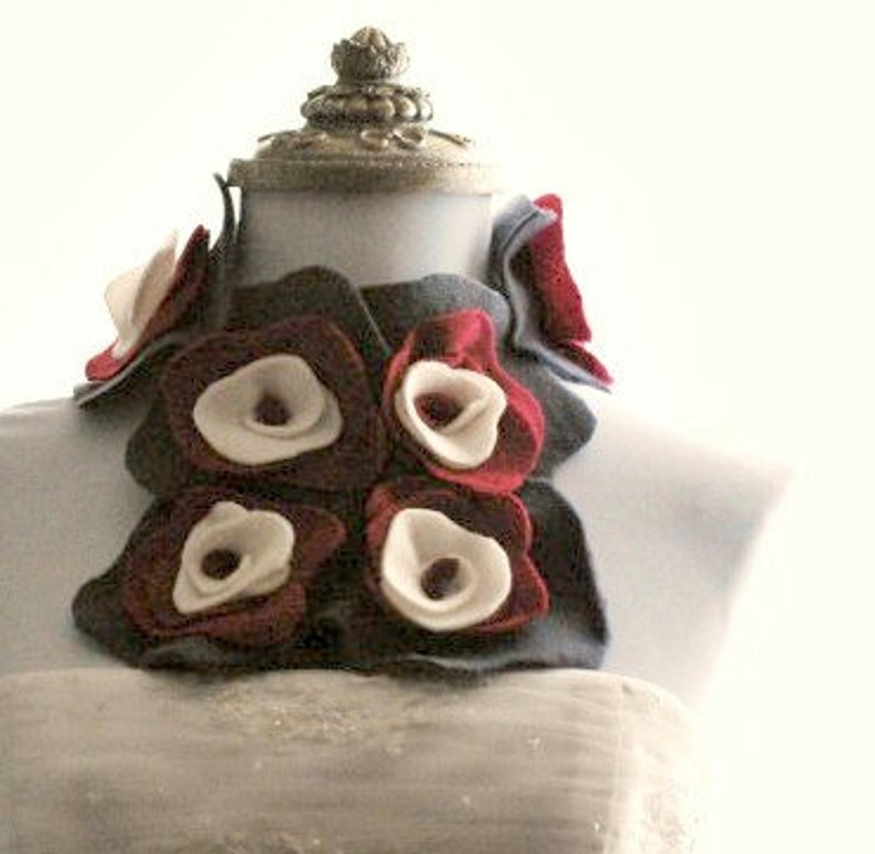 Grey Red Ivory Scarflette. Edgy Collar Feminine Ruffle Rose Rosette, Garden Chic Party, Ruby Gray Beige Charcoal, Floral Youthful Preppy Fun image 2