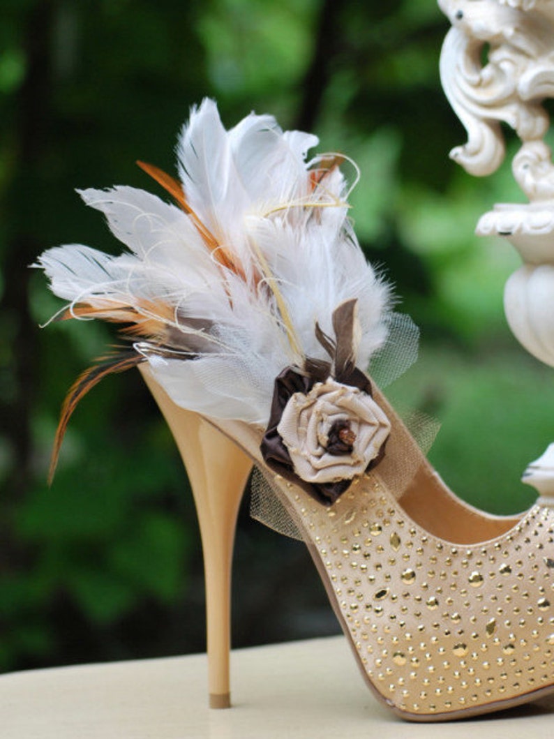 Shoe Clips Champagne Ivory Rosette & Black Feathers. Bride Etsy